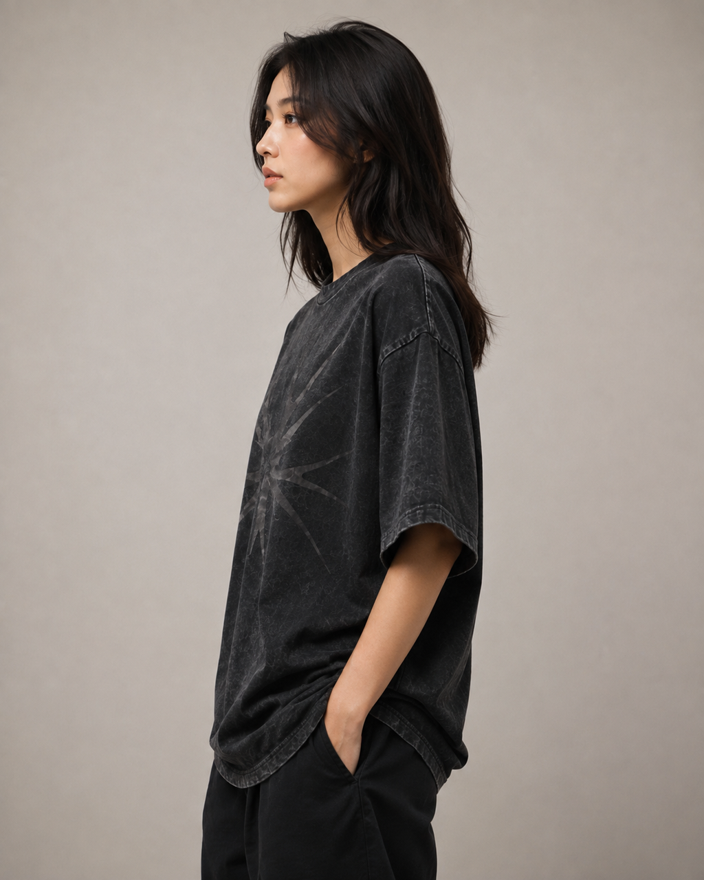 ZVYRO Women's Black Acid Wash Graphic Oversized T-Shirt