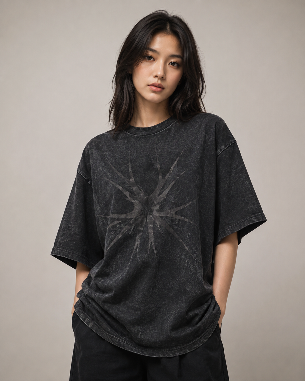ZVYRO Women's Black Acid Wash Graphic Oversized T-Shirt