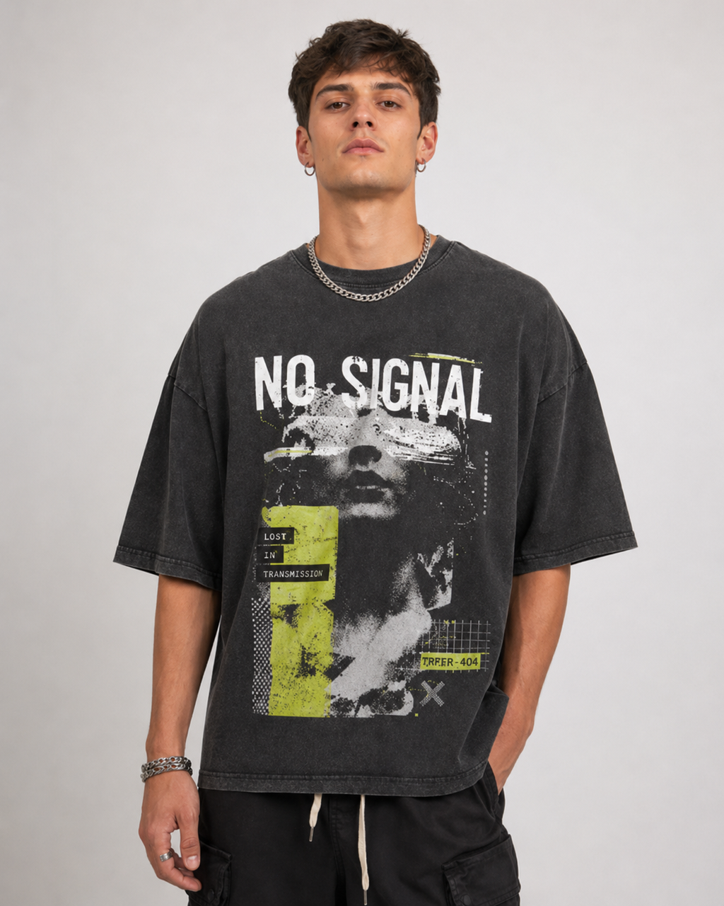 ZVYRO Men's Black Oversized No Signal Graphic T-Shirt