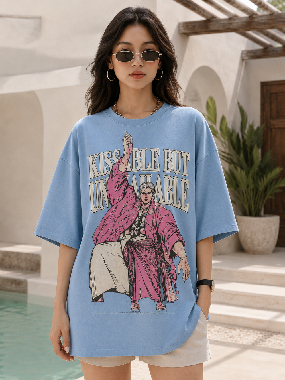 ZVYRO Women's Blue Vintage Graphic Oversized Cotton T-Shirt