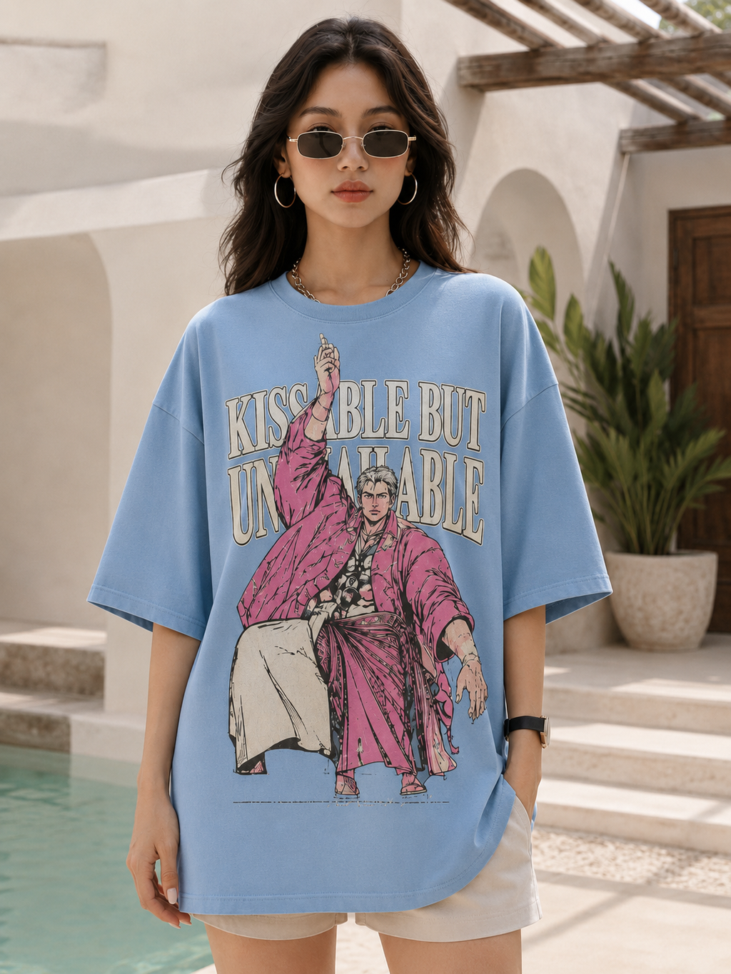 ZVYRO Women's Blue Vintage Graphic Oversized Cotton T-Shirt