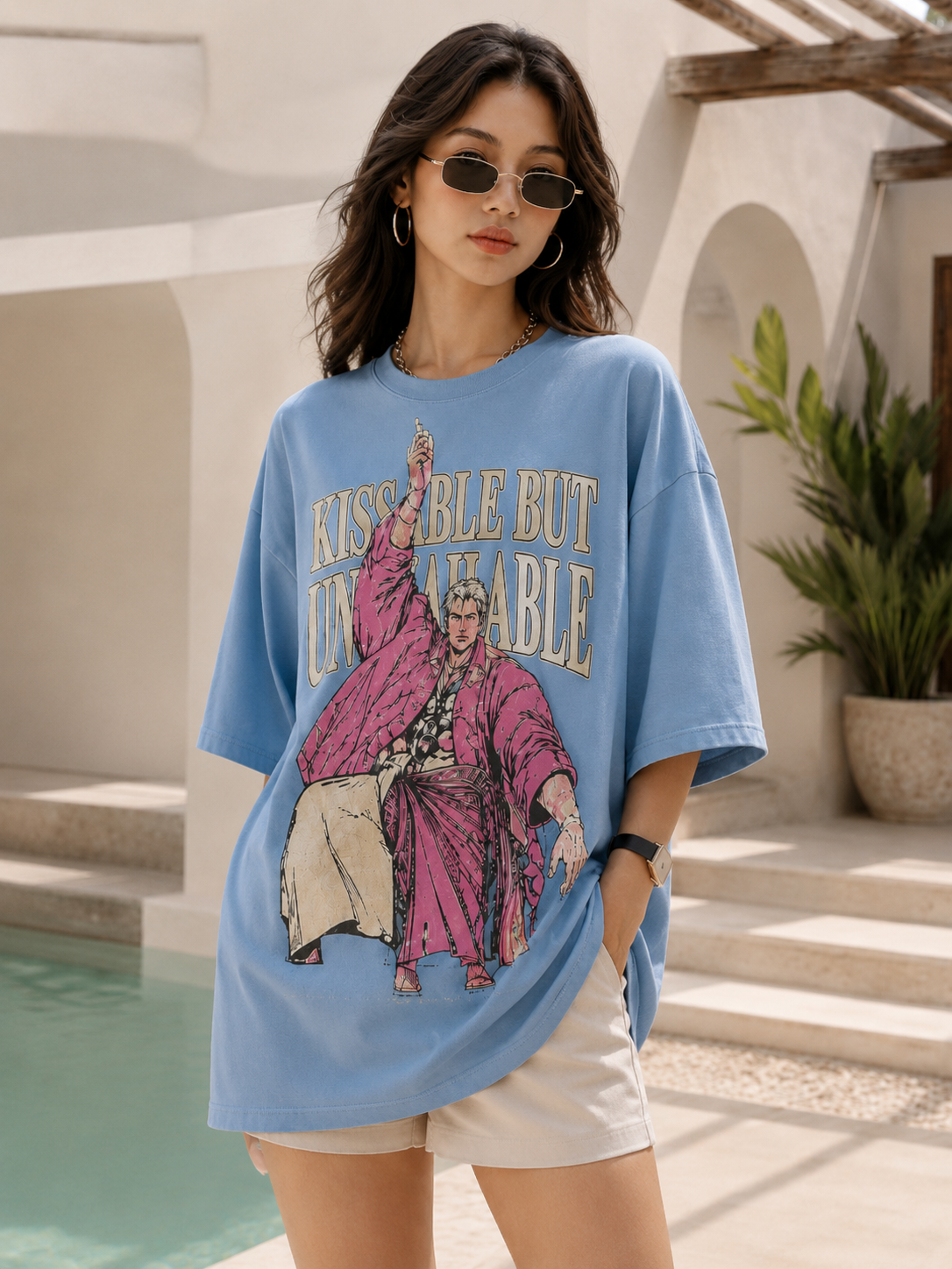 ZVYRO Women's Blue Vintage Graphic Oversized Cotton T-Shirt