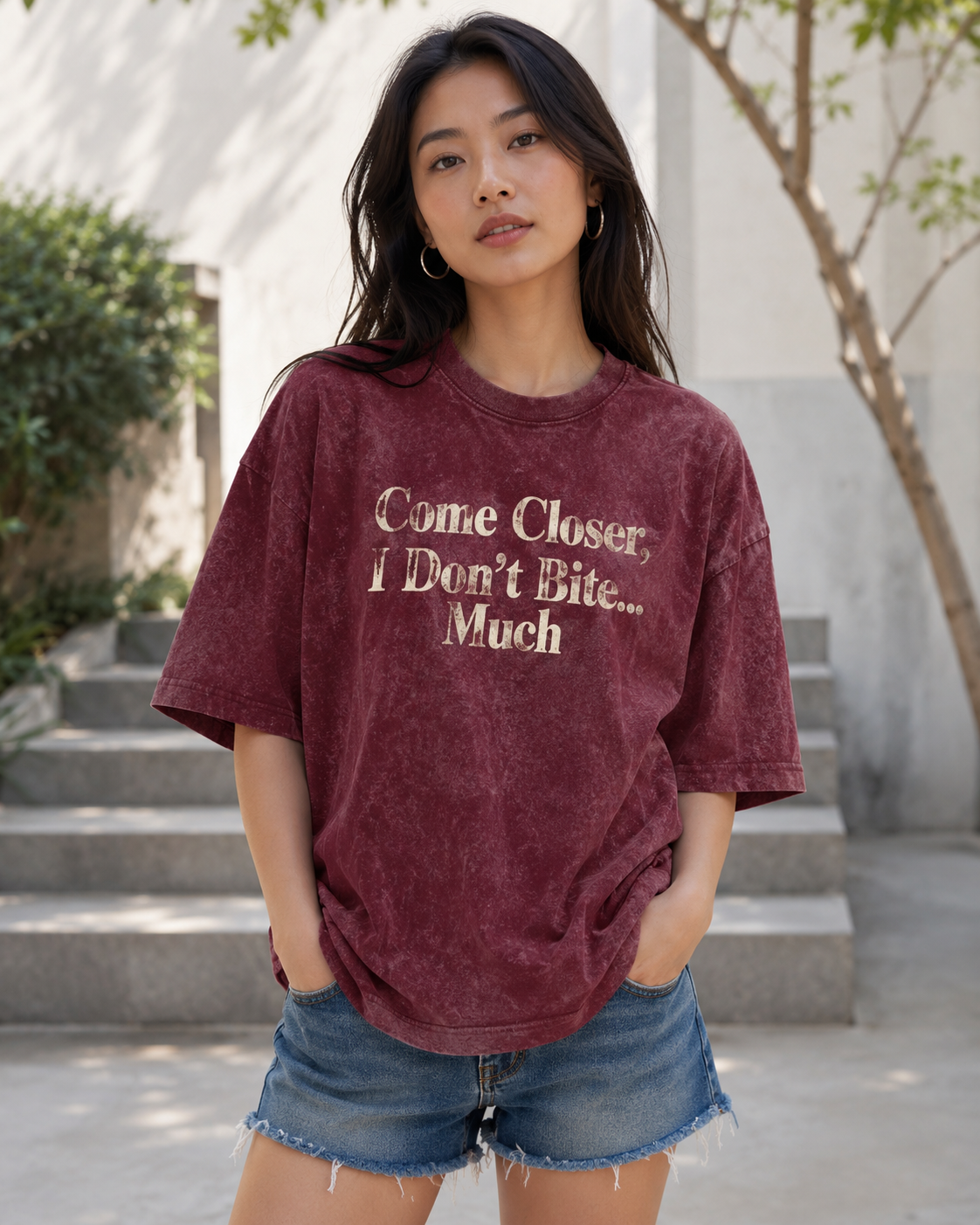 ZVYRO Women's Maroon Acid Wash Typography Oversized T-Shirt