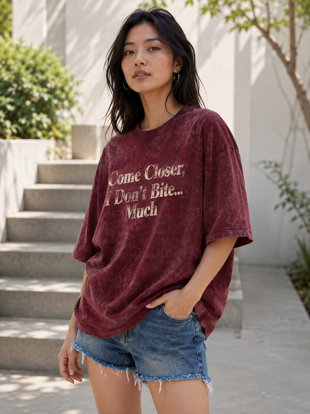 ZVYRO Women's Maroon Acid Wash Typography Oversized T-Shirt
