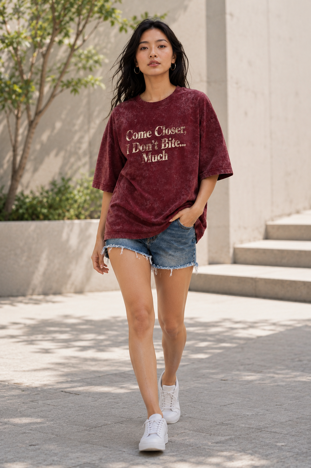 ZVYRO Women's Maroon Acid Wash Typography Oversized T-Shirt