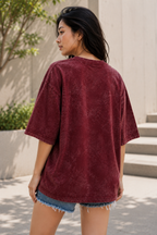 ZVYRO Women's Maroon Acid Wash Typography Oversized T-Shirt
