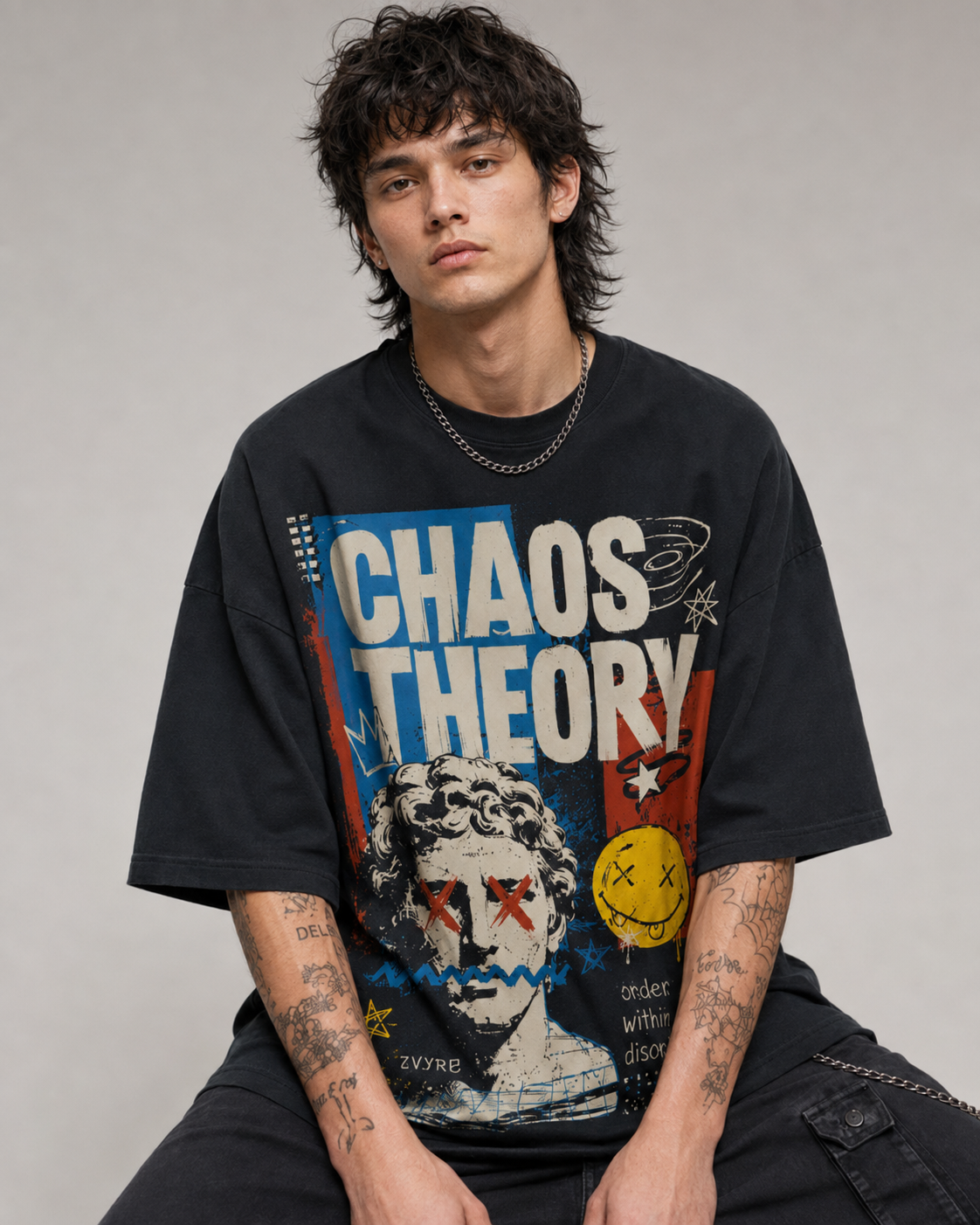 ZVYRO Men's Black Chaos Theory Graphic Oversized T-Shirt