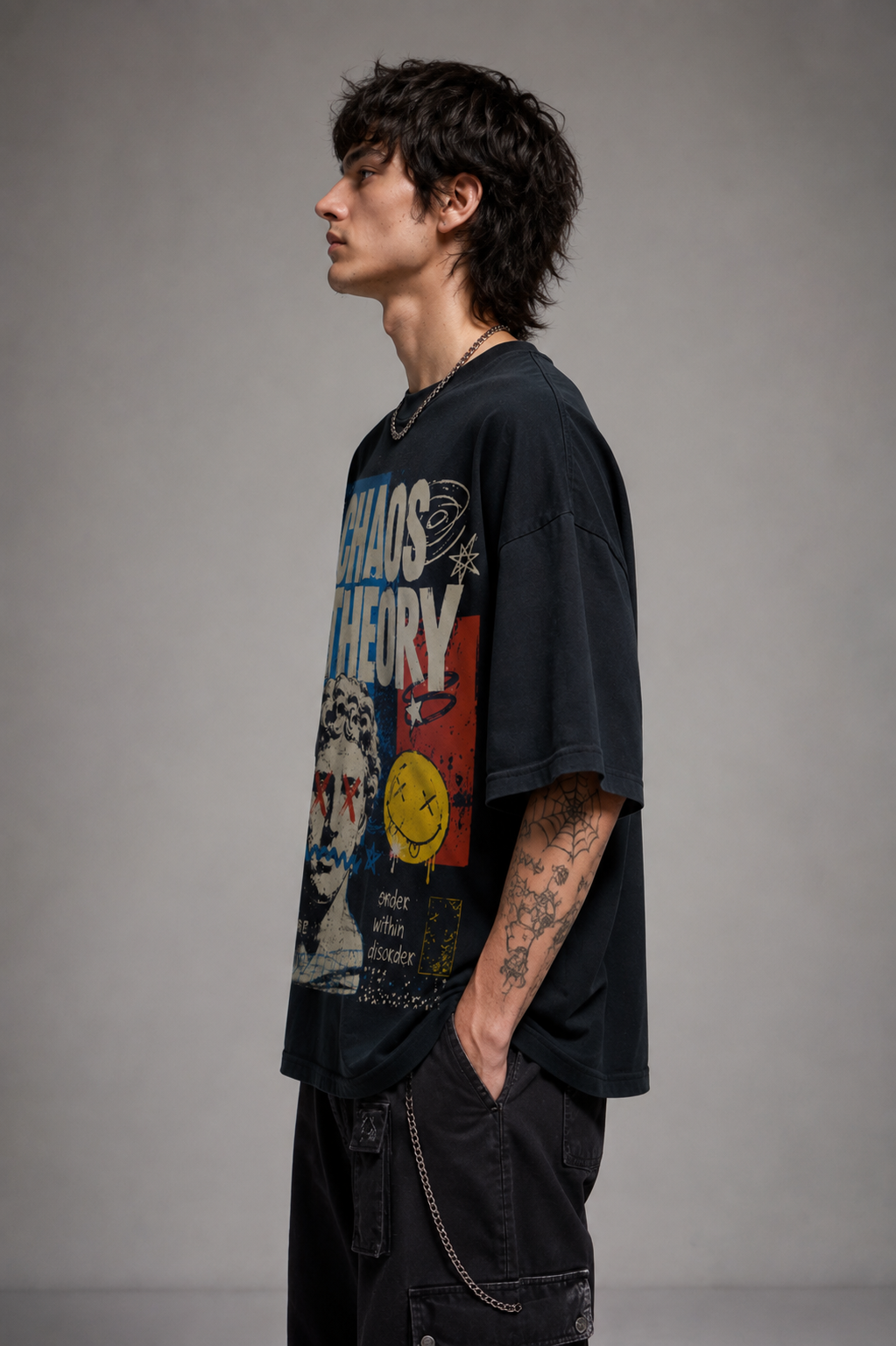 ZVYRO Men's Black Chaos Theory Graphic Oversized T-Shirt