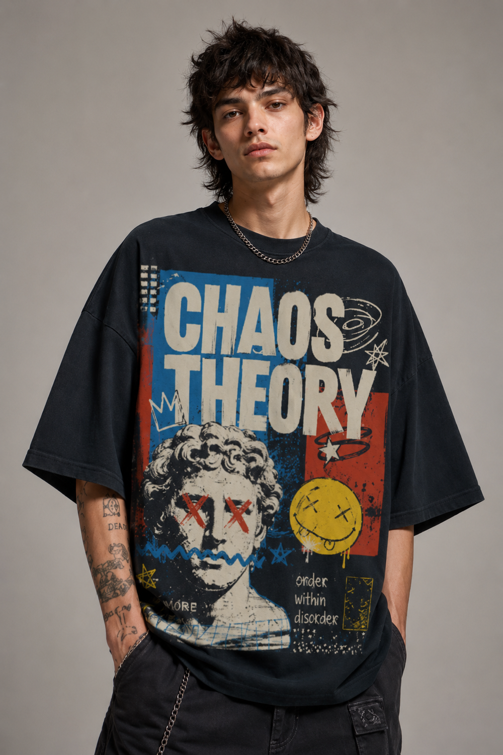 ZVYRO Men's Black Chaos Theory Graphic Oversized T-Shirt
