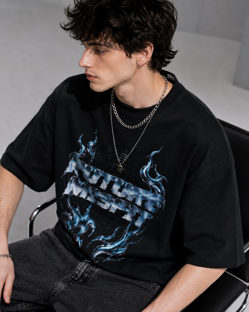 ZVYRO Men's Black Oversized Future Misfit Graphic T-Shirt