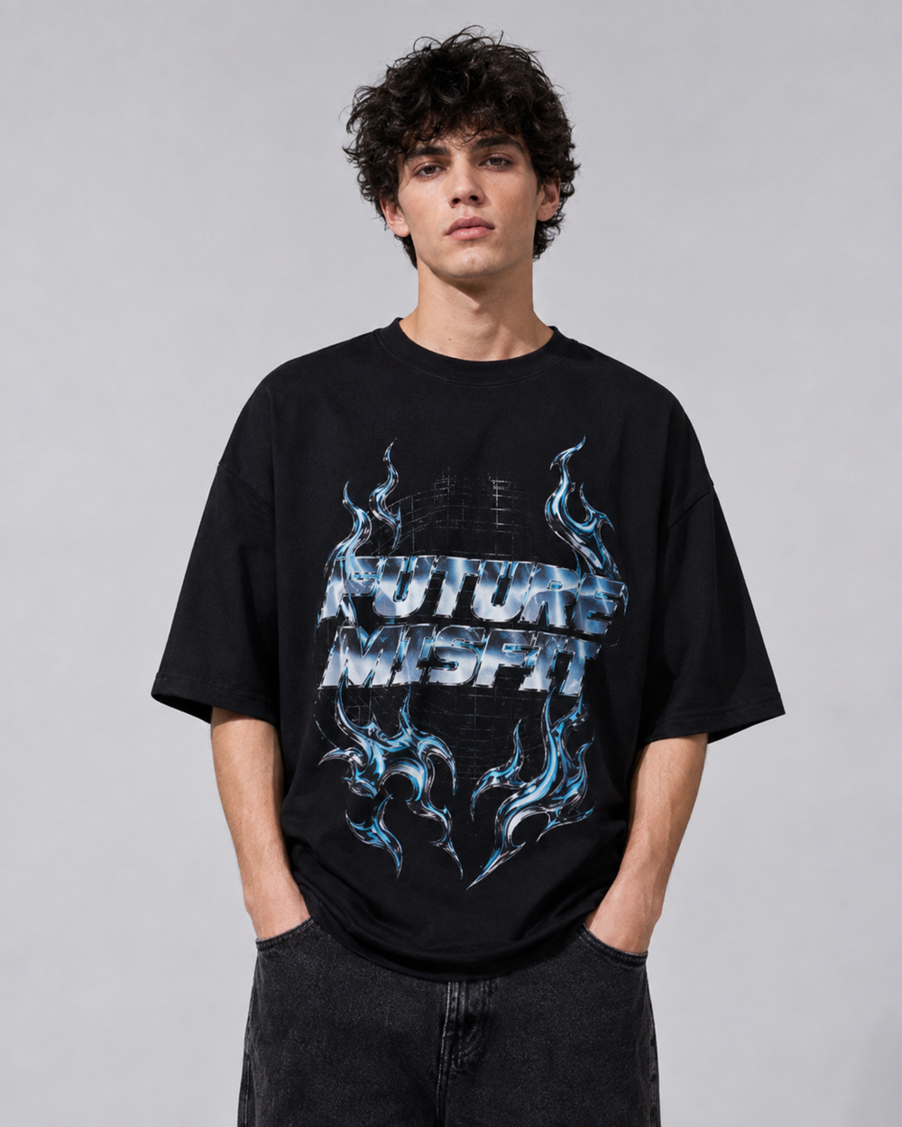 ZVYRO Men's Black Oversized Future Misfit Graphic T-Shirt