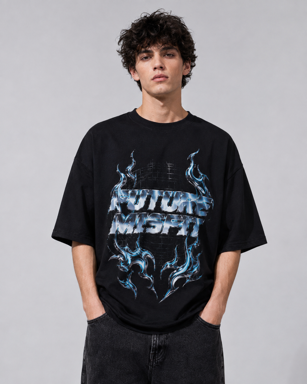 ZVYRO Men's Black Oversized Future Misfit Graphic T-Shirt