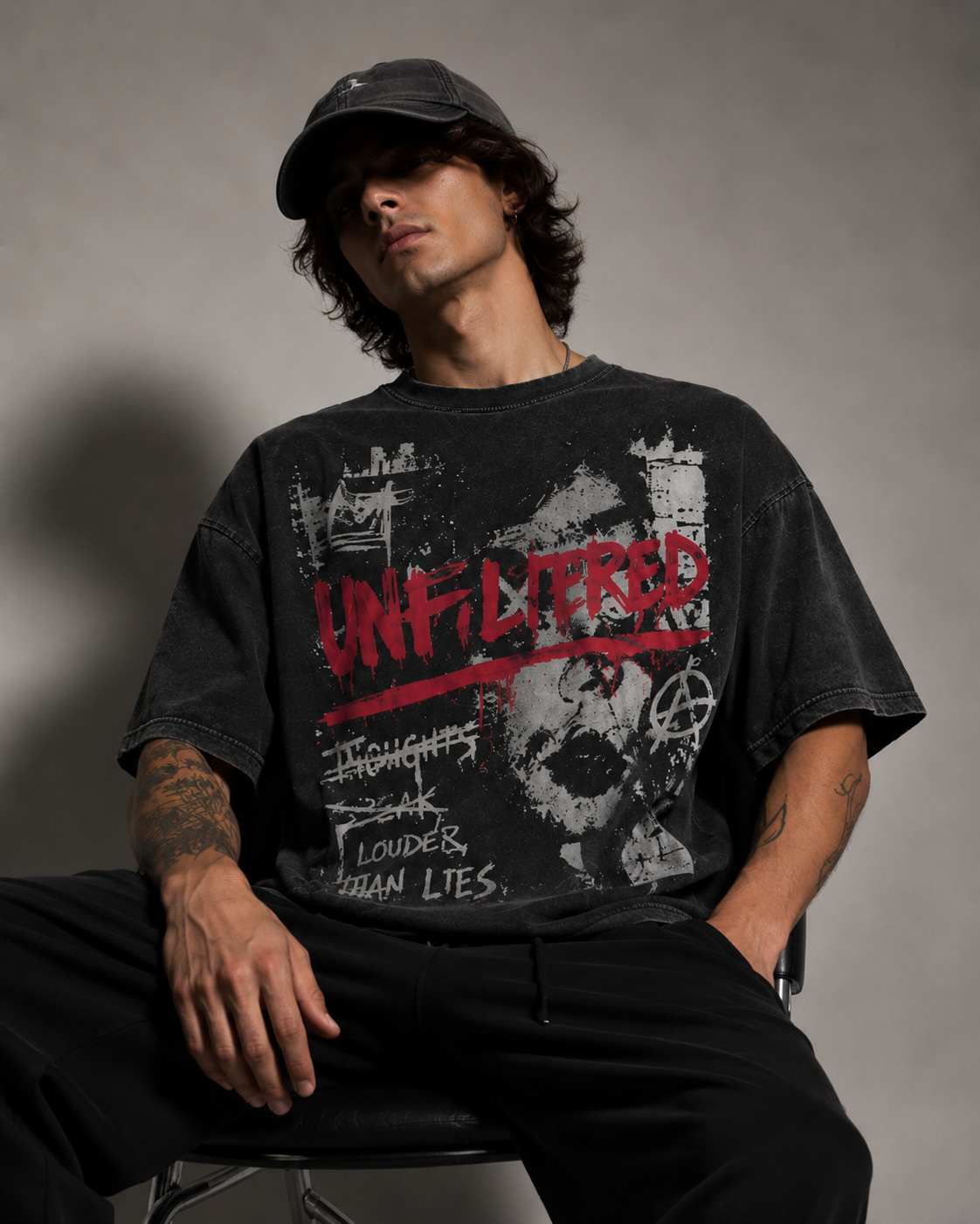 ZVYRO Men's Black Oversized Unfiltered Graphic T-Shirt