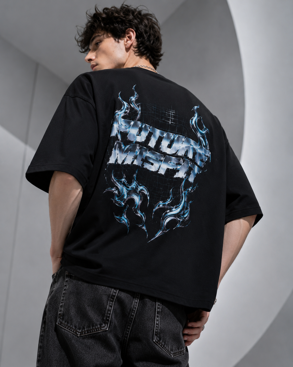 ZVYRO Men's Black Oversized Future Misfit Graphic T-Shirt