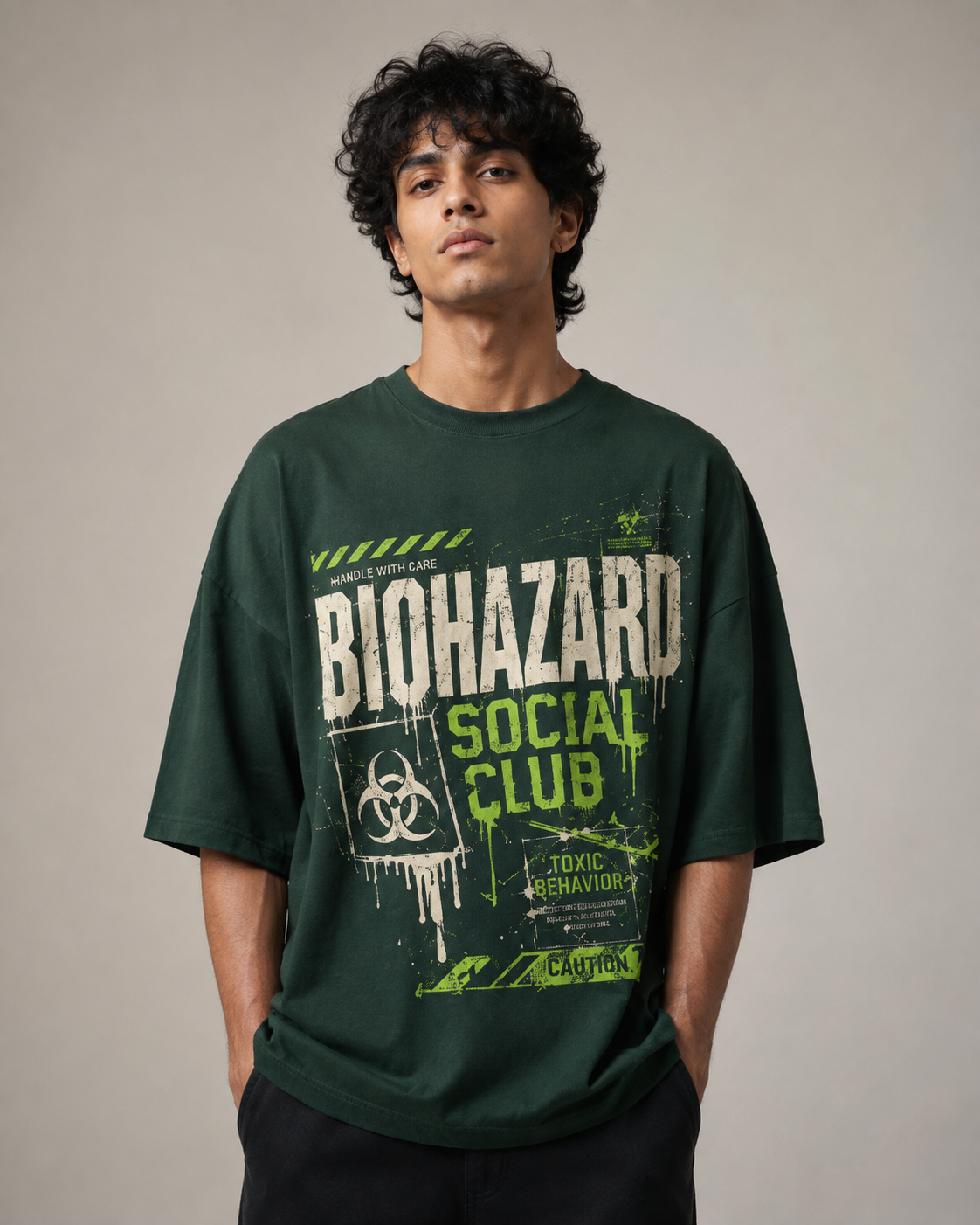 ZVYRO Men's Dark Green Oversized French Terry Cotton T-Shirt