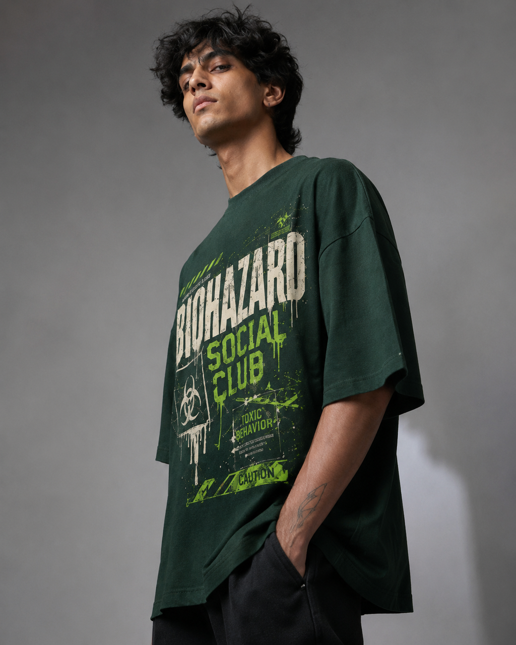 ZVYRO Men's Dark Green Oversized French Terry Cotton T-Shirt
