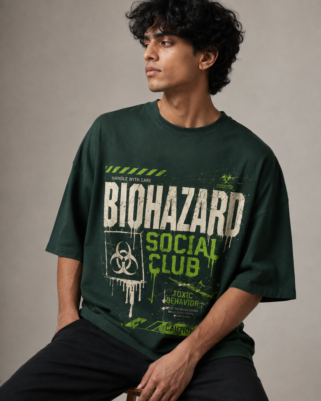 ZVYRO Men's Dark Green Oversized French Terry Cotton T-Shirt