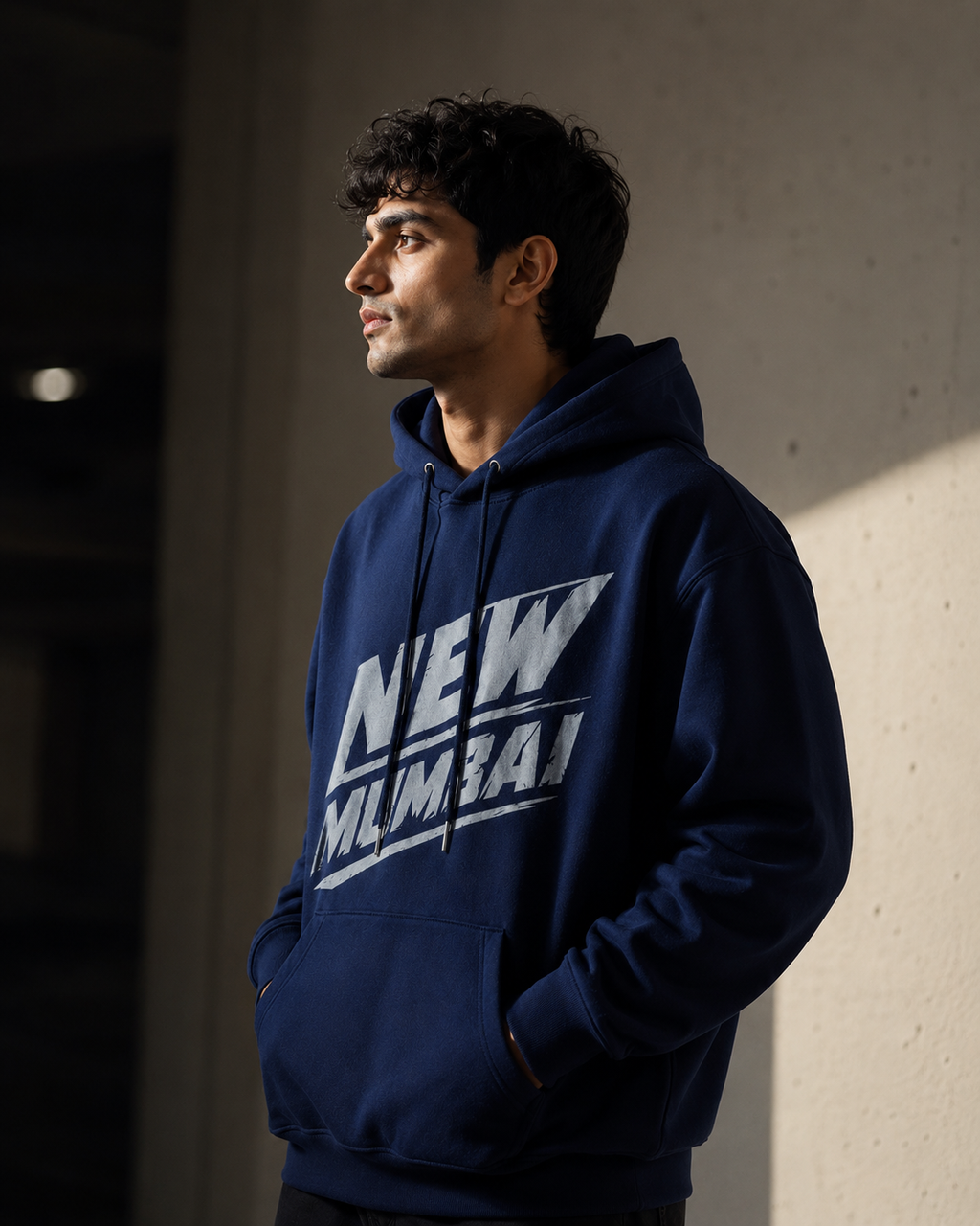 A man wearing a navy blue hoodie with a bold white graphic reading 'NEW MUMBAI' on the front, standing in a dimly lit indoor setting against a concrete wall.