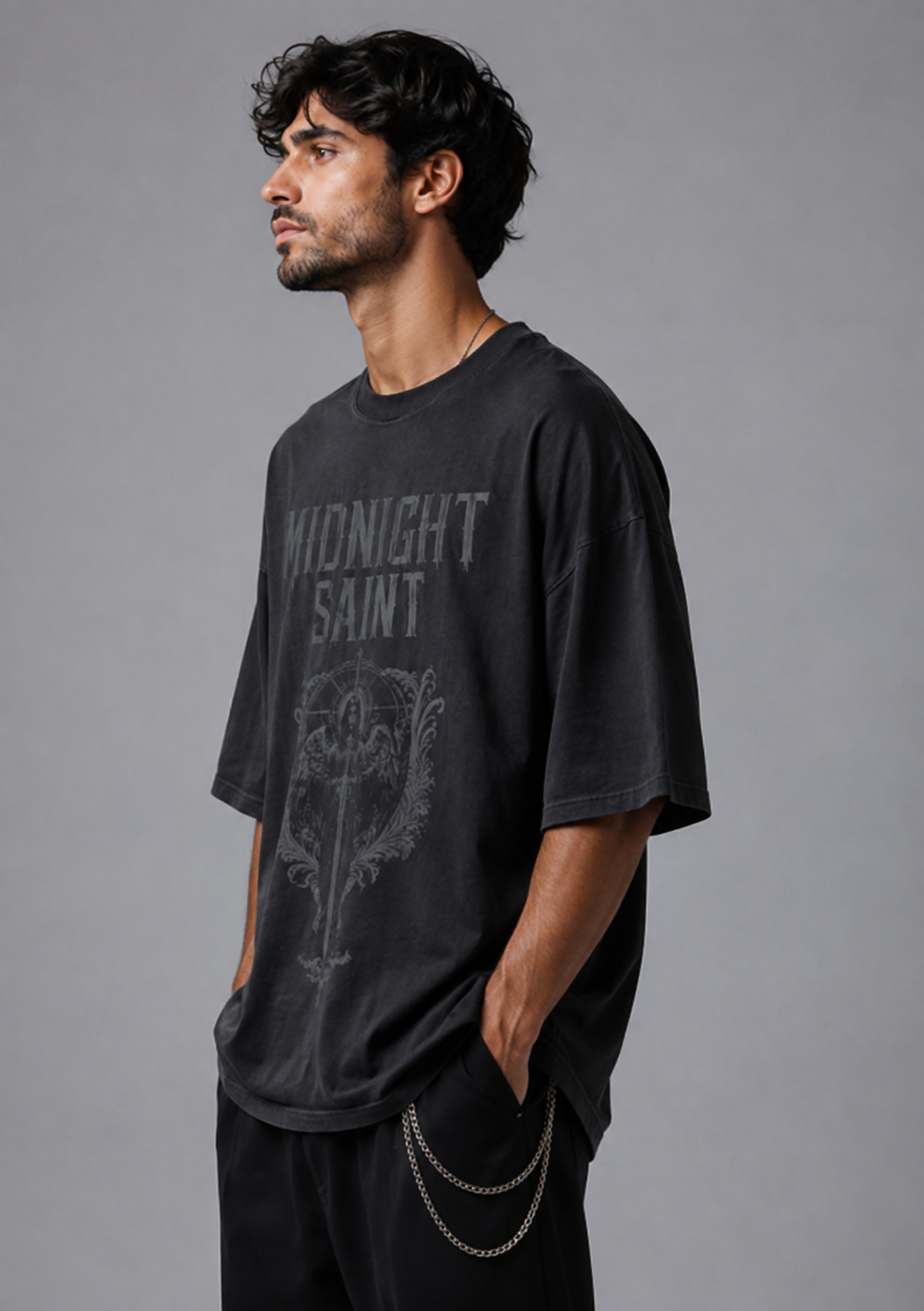 ZVYRO Men's Black Drop Shoulder Oversized French Terry T-Shirt