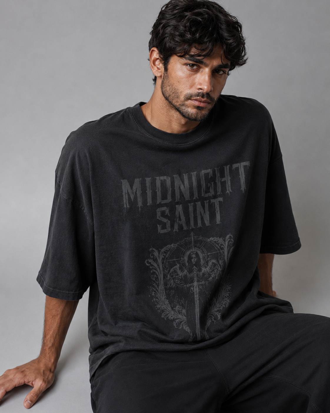 ZVYRO Men's Black Drop Shoulder Oversized French Terry T-Shirt