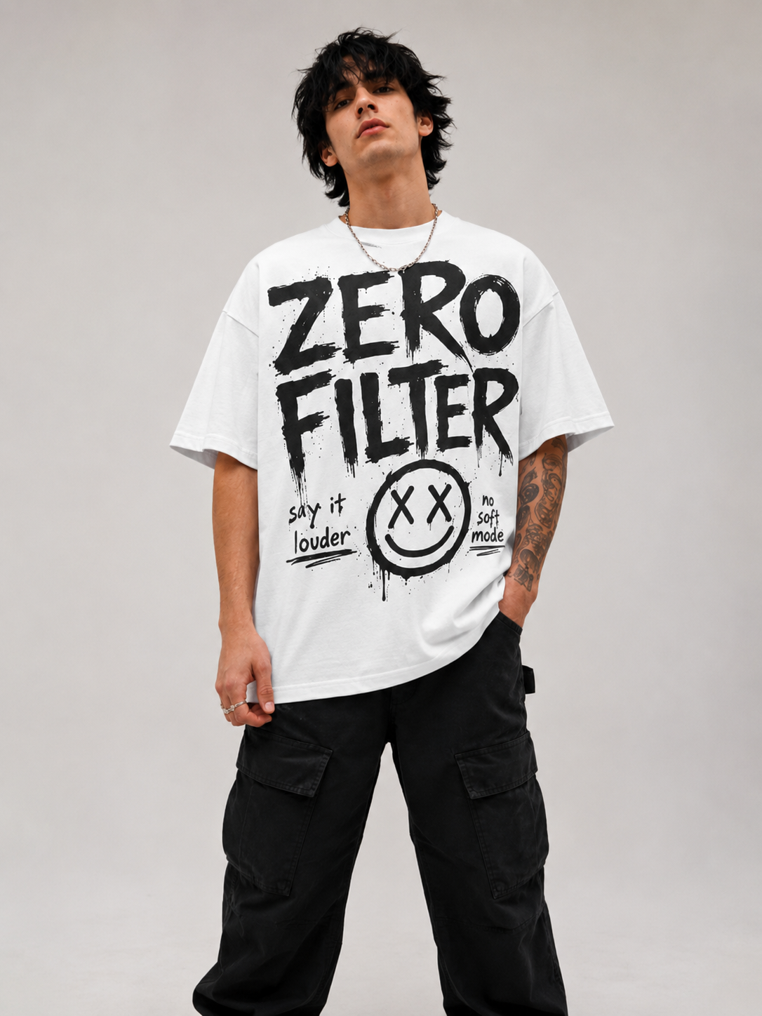 ZVYRO Men's White Oversized French Terry Cotton T-Shirt