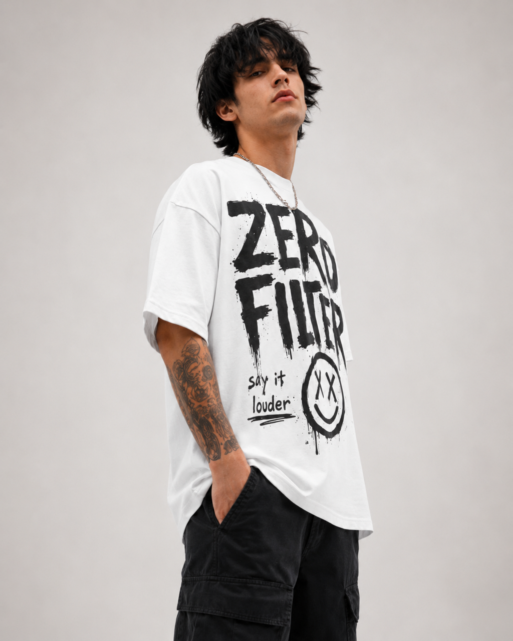 ZVYRO Men's White Oversized French Terry Cotton T-Shirt
