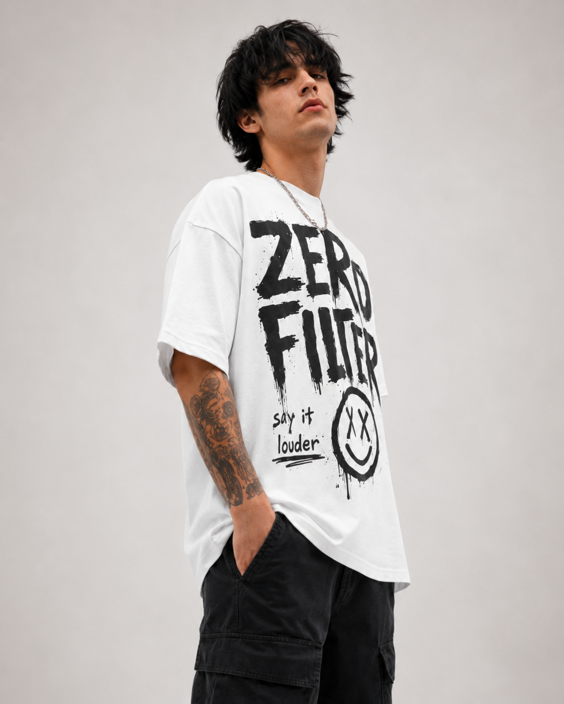 ZVYRO Men's White Oversized French Terry Cotton T-Shirt