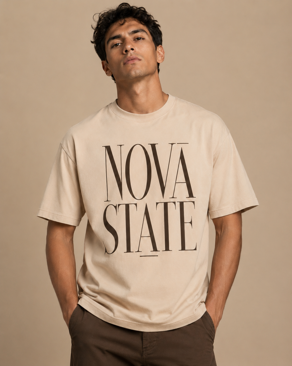 Men’s beige 240 GSM cotton regular fit graphic T-shirt with front print by ZVYRO