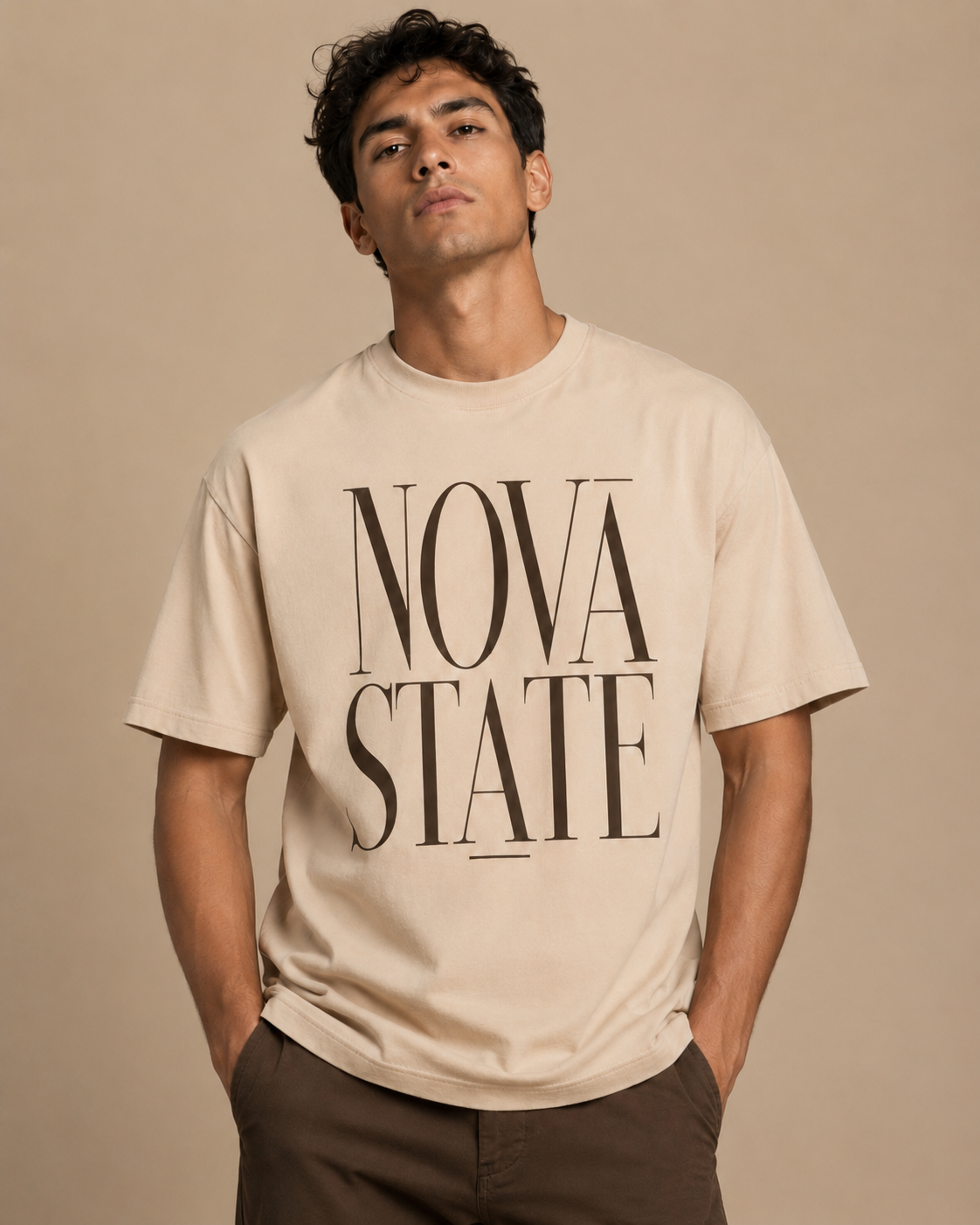 Men’s beige 240 GSM cotton regular fit graphic T-shirt with front print by ZVYRO