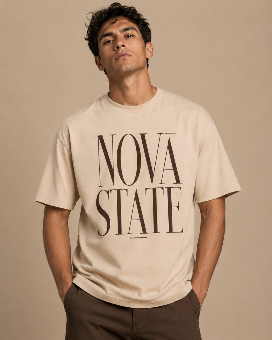 Men’s beige 240 GSM cotton regular fit graphic T-shirt with front print by ZVYRO