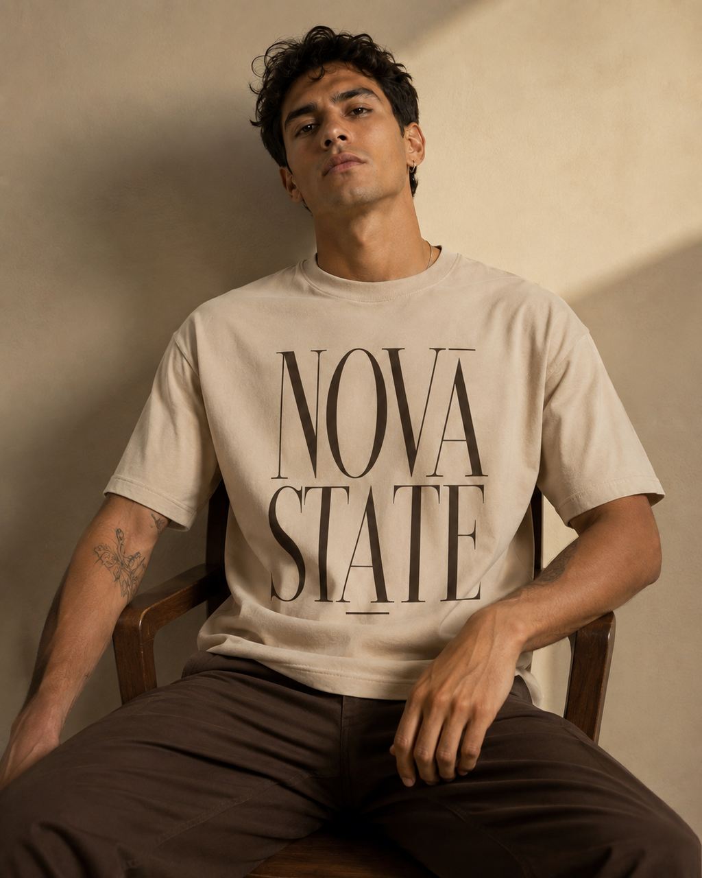 Men’s beige 240 GSM cotton regular fit graphic T-shirt with front print by ZVYRO