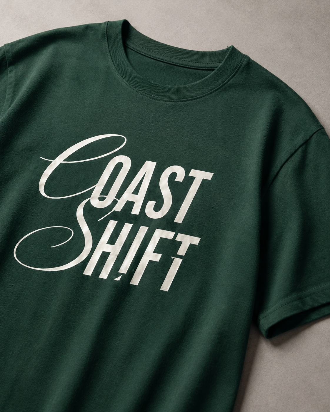 Men’s forest green 240 GSM cotton regular fit graphic T-shirt with Coast Shift front typography by ZVYRO