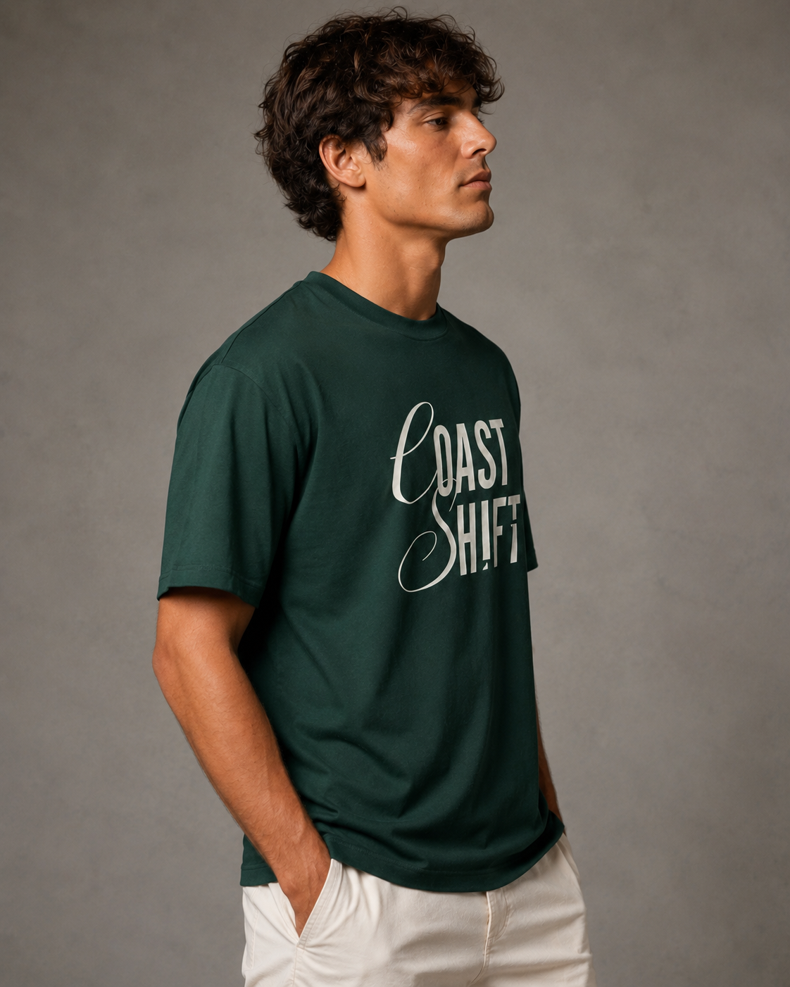 Men’s forest green 240 GSM cotton regular fit graphic T-shirt with Coast Shift front typography by ZVYRO
