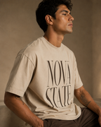Men’s beige 240 GSM cotton regular fit graphic T-shirt with front print by ZVYRO