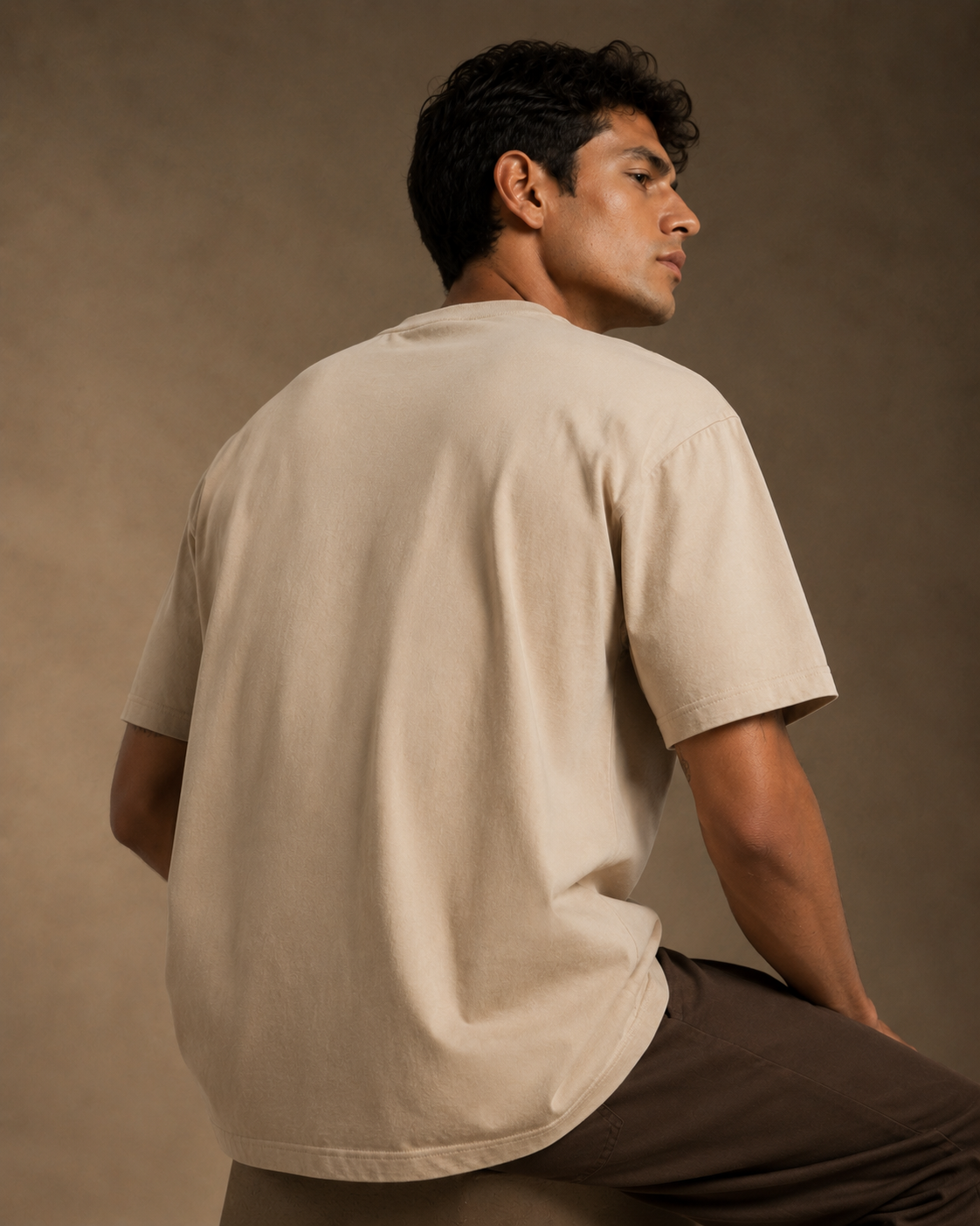 Men’s beige 240 GSM cotton regular fit graphic T-shirt with front print by ZVYRO