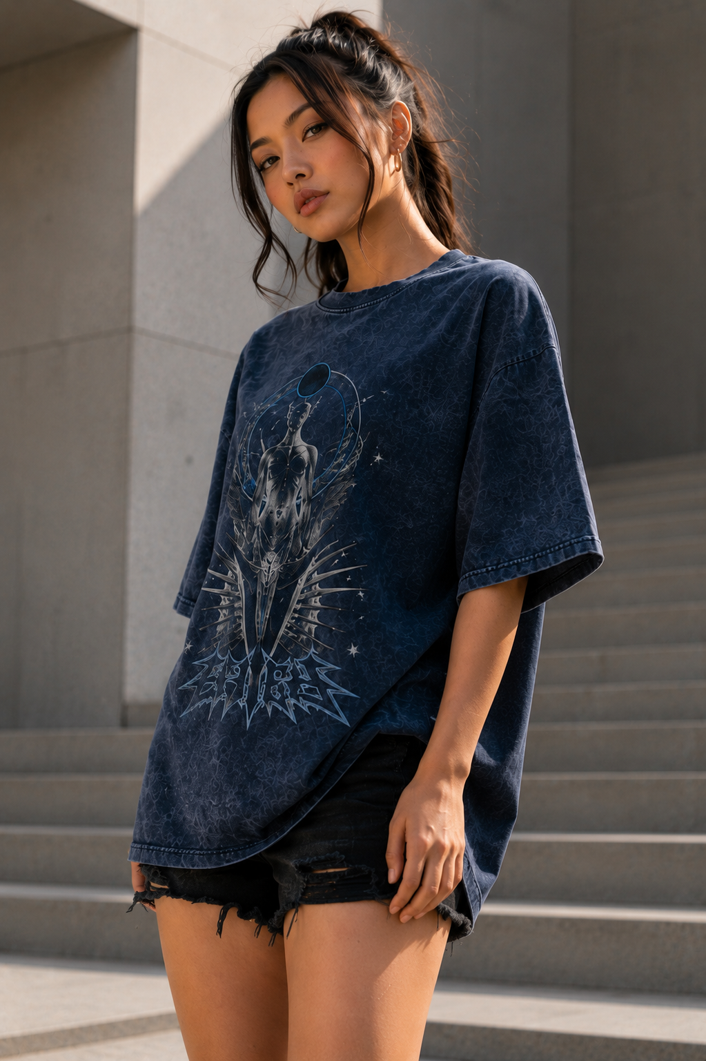 Navy acid-wash graphic oversized T-shirt for women with distressed celestial front print