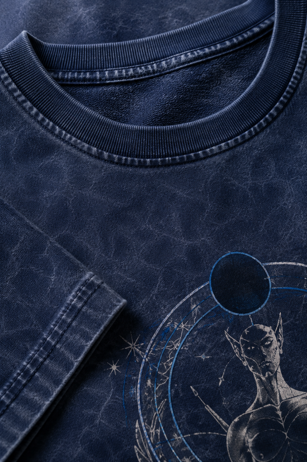 Navy blue 260 GSM combed cotton French terry T-shirt with textured acid-wash finish