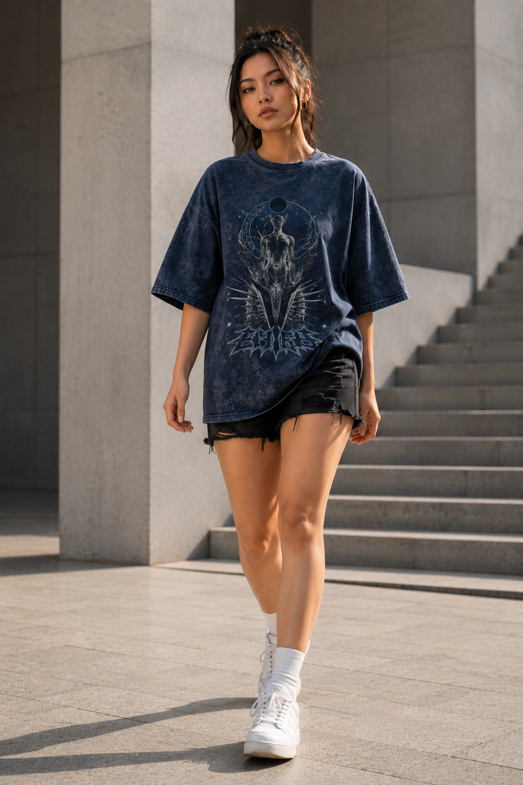 woman wearing navy blue acid-wash oversized graphic T-shirt with black denim shorts