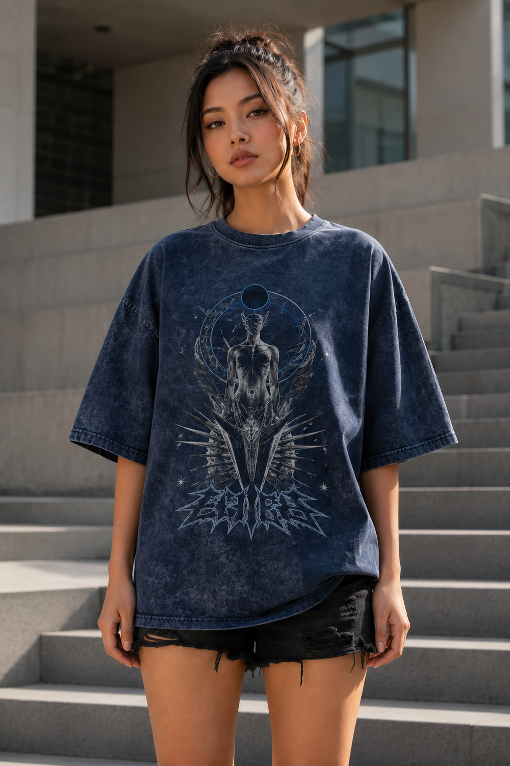 Women's navy acid-wash oversized T-shirt with dropped shoulders and wide short sleeves