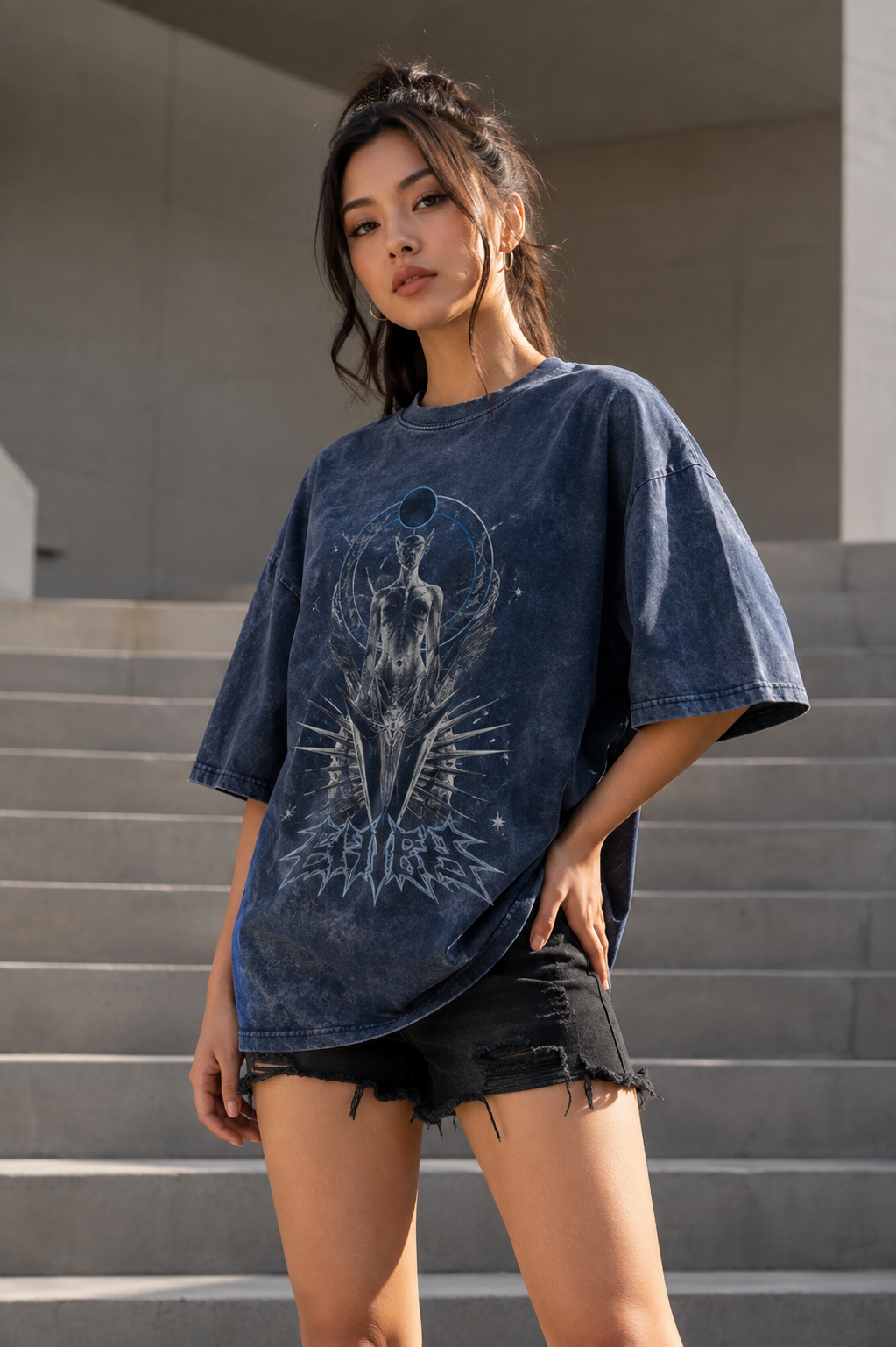 ZVYRO Women's Navy Acid Wash Graphic Oversized French Terry T-Shirt