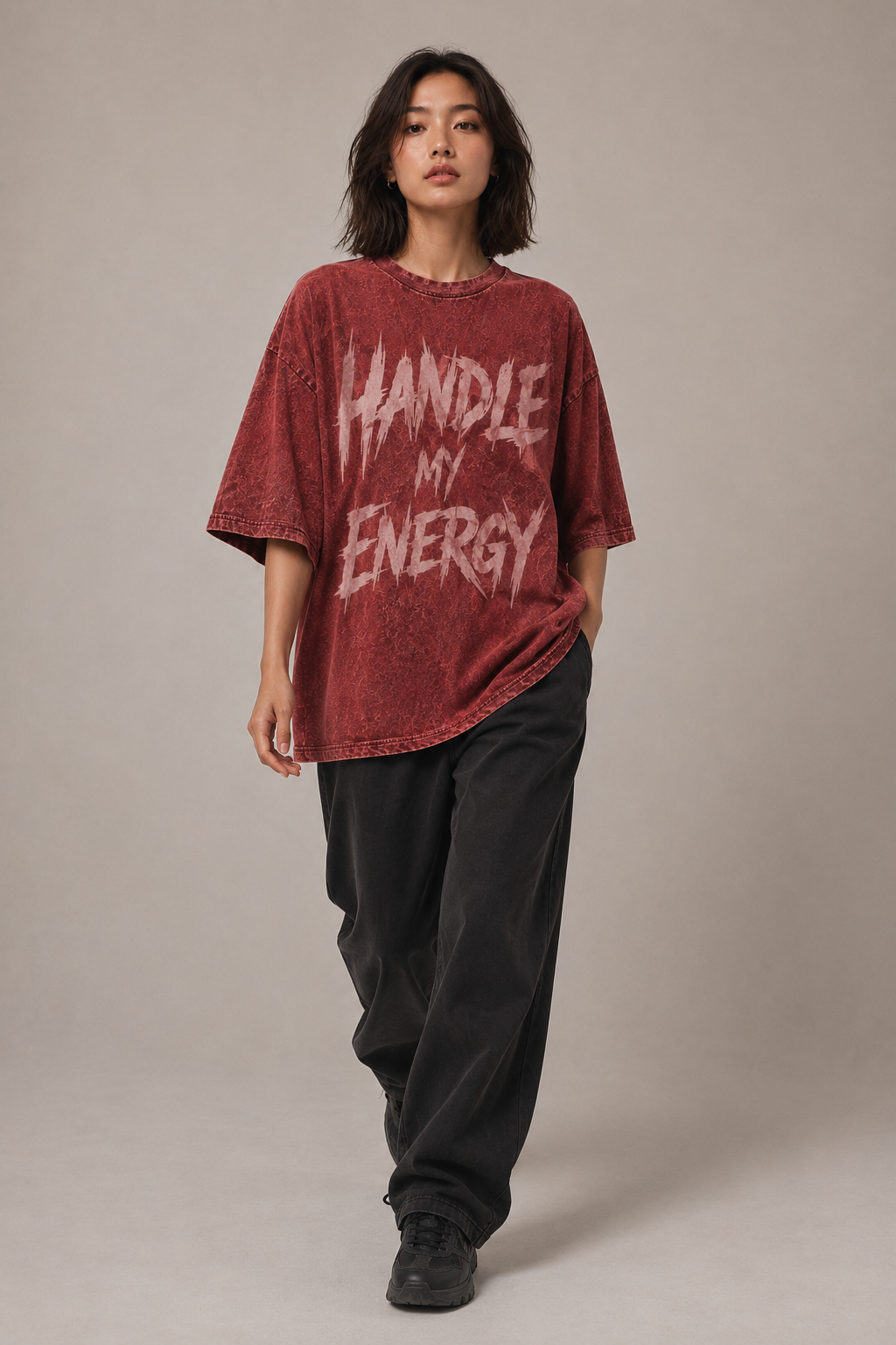 ZVYRO Women's Red Acid Wash Oversized Graphic T-Shirt