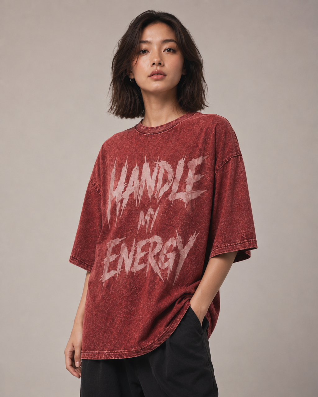 ZVYRO Women's Red Acid Wash Oversized Graphic T-Shirt