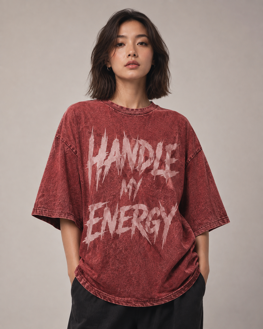 ZVYRO Women's Red Acid Wash Oversized Graphic T-Shirt