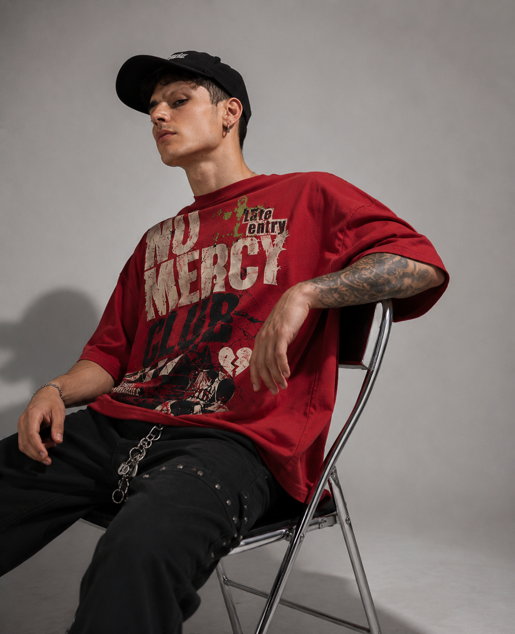 ZVYRO Men's Red Oversized French Terry Cotton T-Shirt