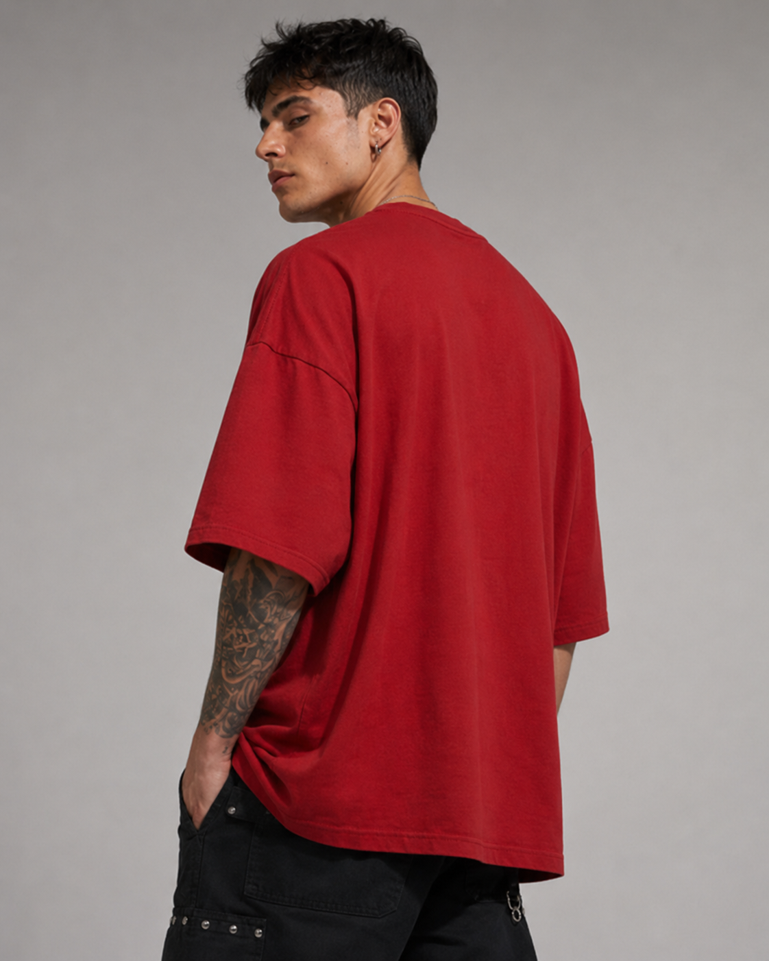 ZVYRO Men's Red Oversized French Terry Cotton T-Shirt