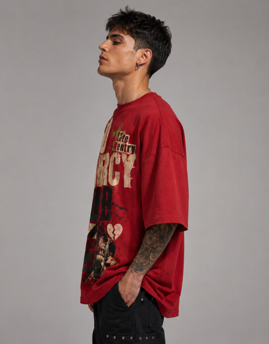 ZVYRO Men's Red Oversized French Terry Cotton T-Shirt