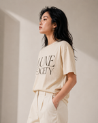 Women’s cream oversized cotton T-shirt with crew neck and short sleeves