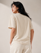 Women’s cream oversized cotton T-shirt with crew neck and short sleeves