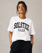 Women wearing a white 240 GSM regular fit cotton T-shirt with crew neck and short sleeves