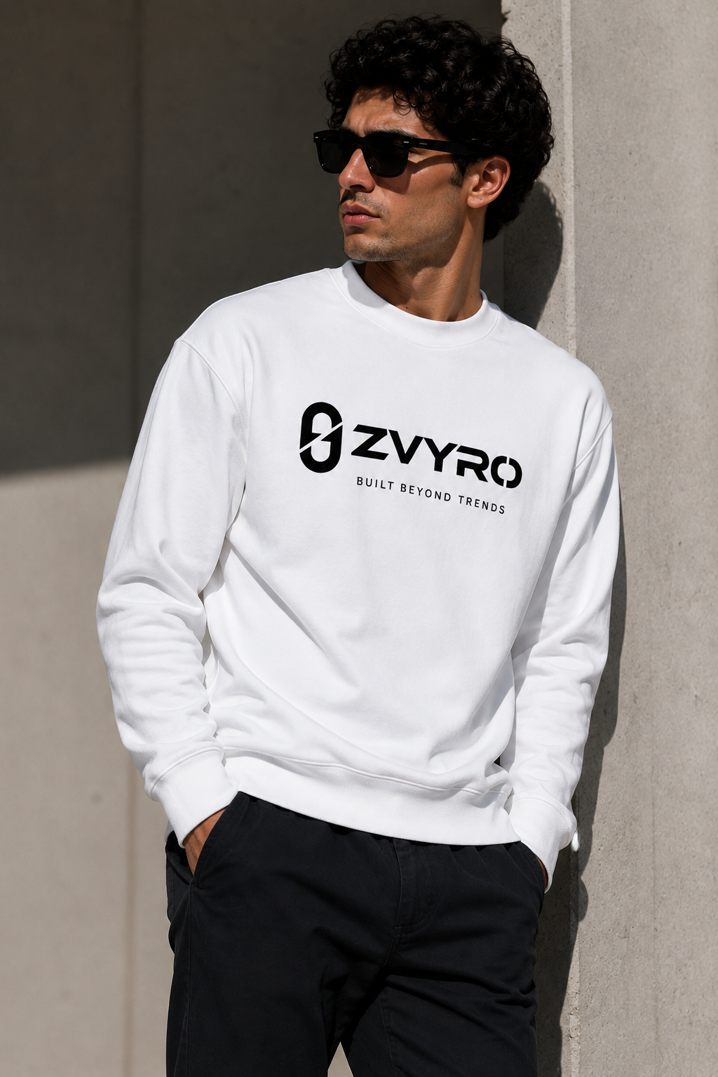 ZVYRO Men's White Regular Fit Sweatshirt 320 GSM Cotton Fleece – Front View | Buy Online India